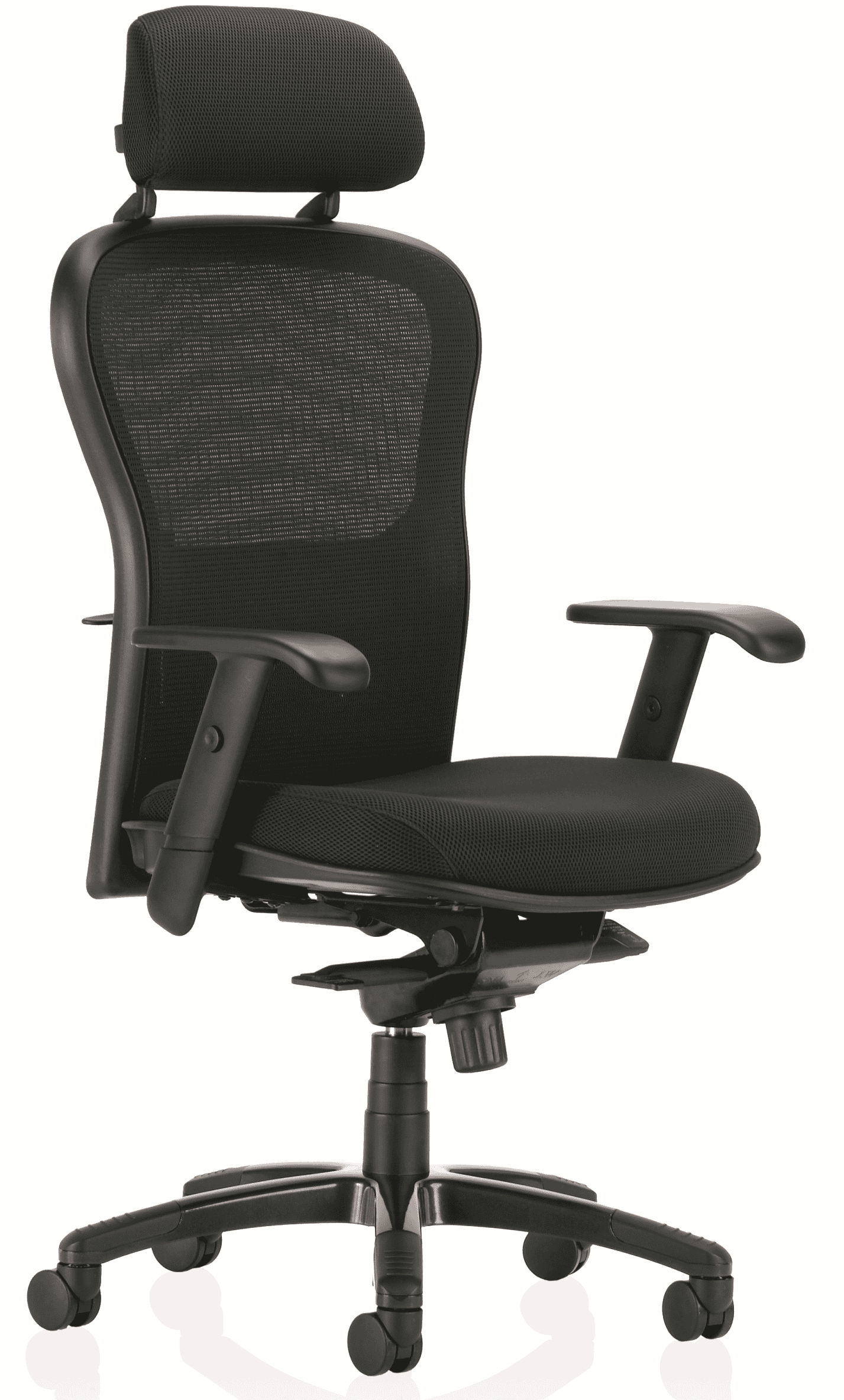 Breathe Chair: high back, adjustable arms, headrest, mesh back, five-wheel base; shown on a white background.