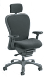 The CXOti Intensive Use Chair is black, ergonomic, with adjustable armrests, cushioned seat, high backrest, and headrest on wheels.