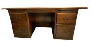 Conference Desk 72x36x30: wooden, flat top, four left drawers, three right drawers, brass handles.
