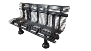 The Contour Series Steel Bench features parallel black metal rods and cylindrical legs, shown against a white background.