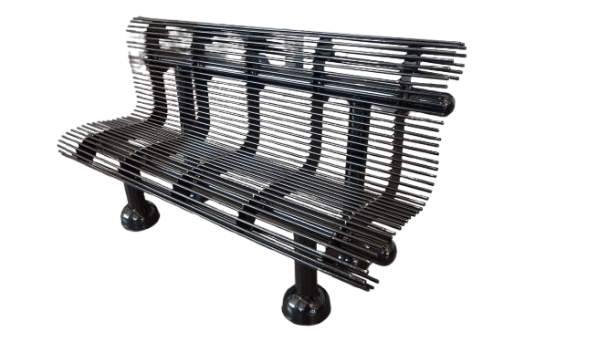 The Contour Series Steel Bench features parallel black metal rods and cylindrical legs, shown against a white background.