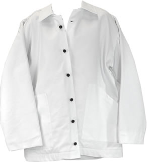 A White Denim Jacket w/o Lining, long sleeves, black buttons, two front pockets, shown against a plain background.
