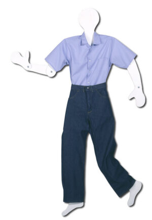 A faceless mannequin with movable arms wearing a light blue shirt and Denim Blue Jeans against a white background.