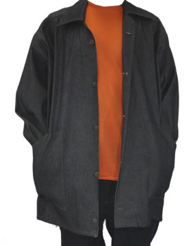 A person in a Blue Denim Jacket w/Lining over an orange shirt and black pants, shown from neck to thigh.