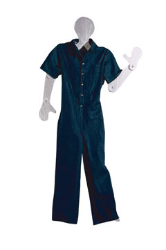 A mannequin wears the Short Sleeve Blue Denim Jumpsuit with front buttons and a chest pocket.