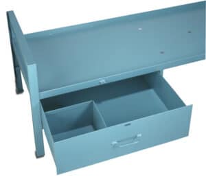 A blue metal under-bed drawer with an open divider, displaying empty storage compartments.
