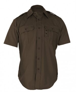 Men's Tactical Dress Shirt (Short Sleeve) in brown, with two chest pockets and shoulder epaulets, shown on white background.