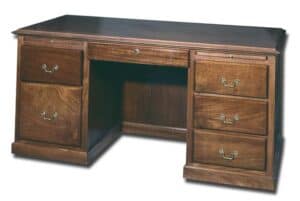 The Executive Desk 60x30x30 is a wooden office desk with five drawers, brass handles, and a central knee space.