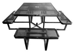 The Metal Picnic Table is black with mesh benches and seats four; shown on a white background.