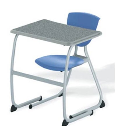 The Facetime Computer/Student Desk 2 Piece is a blue plastic chair with a gray metal frame attached to a matching gray desk.