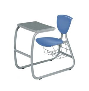 The Facetime Book Box accessory is a blue plastic chair with a small gray desk, metal frame, and under-seat wire rack.