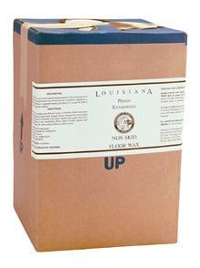 A large box labeled "5 gal Non-Skid Floor Wax" with printed info and an arrow pointing upward.