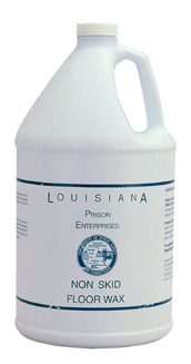 A 1-gal jug of "4 / 1 gal Non-Skid Floor Wax" with a handle and screw cap.