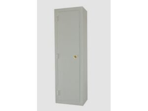 A tall, rectangular white Gun Locker made of 10 gauge sheet metal with a single door and gold round handle.