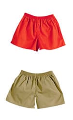 Two pairs of Gym Shorts, one red and one khaki, displayed against a white background.