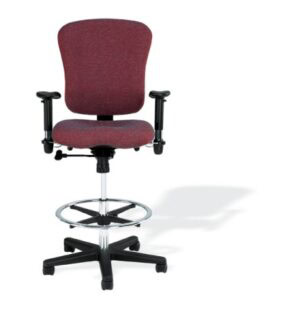 The Ithaca Stool w/ arms is a red office chair featuring adjustable height, foot ring, and five-wheel black base on a white background.