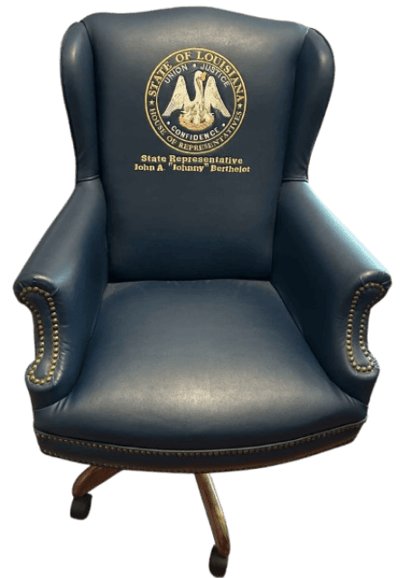 XL Adjustable Executive Wingback Chair in blue leather with brass nailhead trim, Louisiana state seal, and State Rep. John A. Berthelot text.