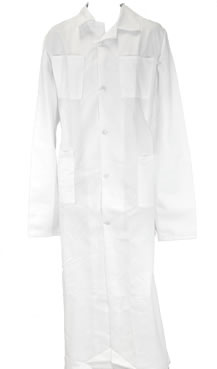 The Lab Coat-white features long sleeves, front buttons, and large pockets in a plain white design.