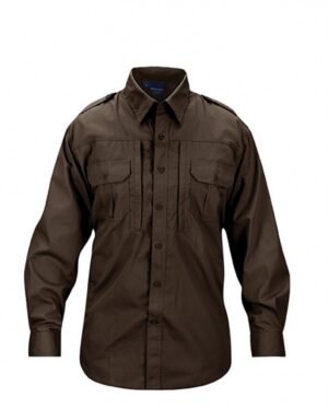 Men's Tactical Shirt (Long Sleeve, Long Length) in dark brown with front chest pockets and a collar, shown on a white background.