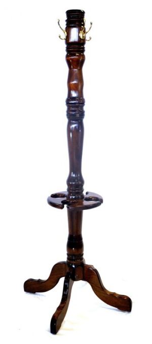 The Coat/Hat/Umbrella Rack 76" is a tall, dark wood stand with brass hooks, a circular ring, and three curved legs.