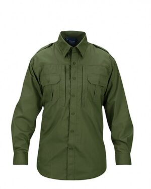 Men’s Tactical Shirt (Long Sleeve) in olive green with chest pockets and shoulder epaulets, shown on a white background.