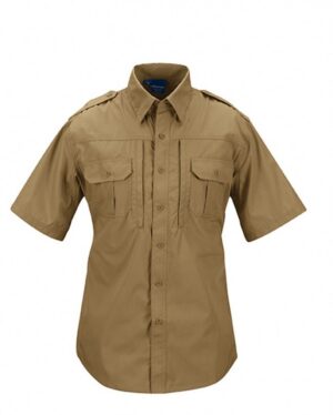 Men's Tactical Shirt (Short Sleeve) in khaki with two chest pockets and shoulder epaulets, shown on a white background.