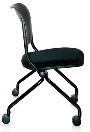 The Navigator-armless-polypropylene back office chair, black, with cushioned seat, metal frame, and four wheels, side view.