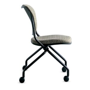 Side view of the Navigator-armless-upholsterable back chair with fabric seat, black metal frame, and four caster wheels.