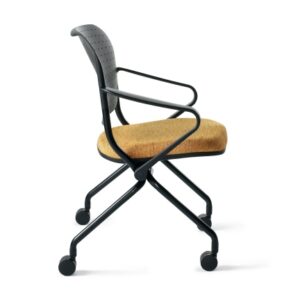 Side view of Navigator-arms-polypropylene back office chair with tan seat, black frame, armrests, perforated back, and four wheels.
