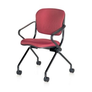 The Navigator-arms-upholsterable back chair has maroon upholstery, black armrests/legs, and four wheels for mobility.