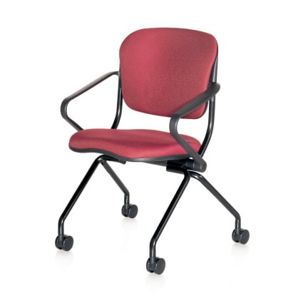 The Navigator-arms-upholsterable back chair has maroon upholstery, black armrests/legs, and four wheels for mobility.