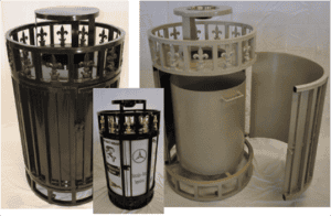 Three Ornate Trash Receptacles: one with a closed lid, one open to show the interior, and one marked with recycling info on the front.