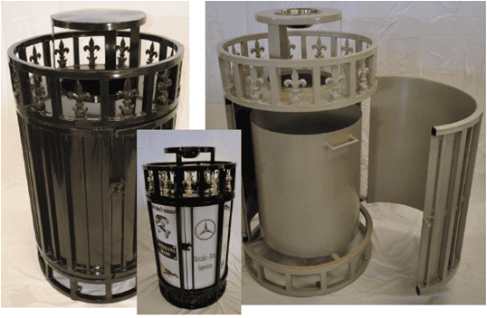 Three Ornate Trash Receptacles: one with a closed lid, one open to show the interior, and one marked with recycling info on the front.