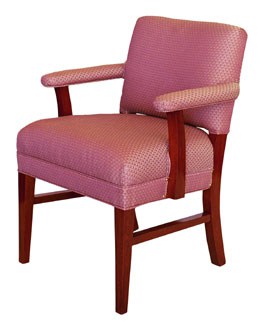 The PE Conference Chair-Wood Frame features pink patterned upholstery and a sturdy wood frame, shown on a white background.