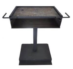 The BBQ Picnic Grill is a metal outdoor grill with a rectangular grate, flat base, side handles, and a pedestal stand.