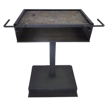 The BBQ Picnic Grill is a metal outdoor grill with a rectangular grate, flat base, side handles, and a pedestal stand.