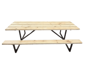 Treated Pine Wood Picnic Table with painted finish and attached benches, front view against a white background.