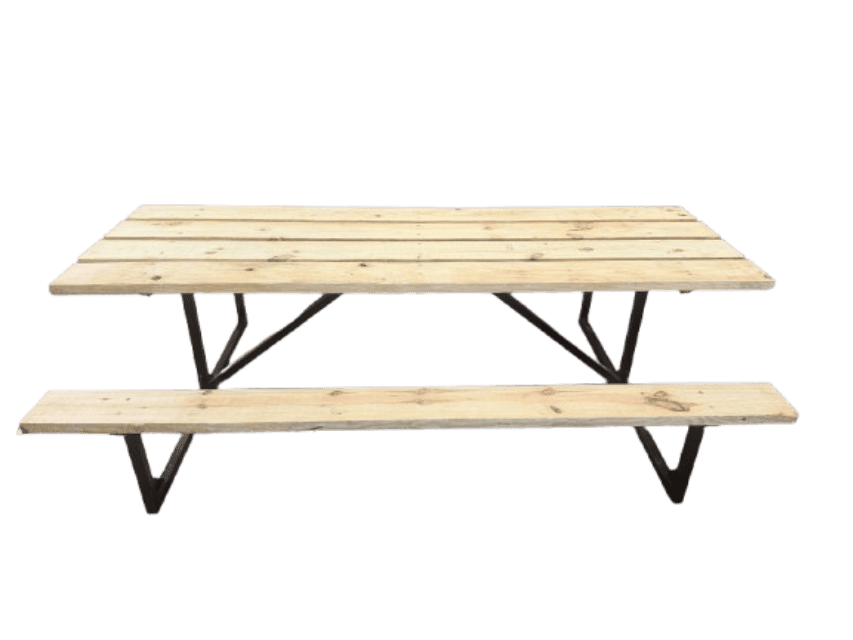 Treated Pine Wood Picnic Table with painted finish and attached benches, front view against a white background.