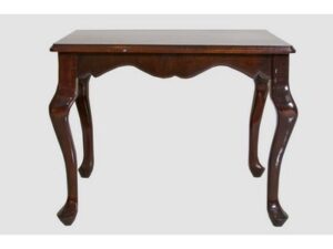 An end table with Queen Anne legs (27x22x21), dark wood, and a decorative apron on a plain light gray background.