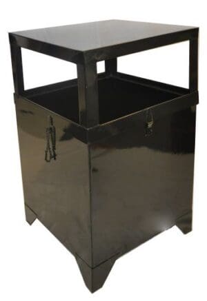 The Metal Trash Receptacle is black, with an open top, solid lower section, and stands on four short legs.