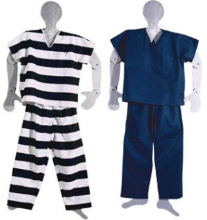 Two mannequins display uniforms: one wears stripes, the other wears a dark blue Short Sleeve Twill Scrub Shirt and matching pants.