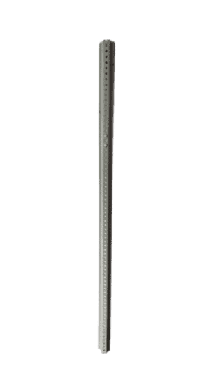A silver metal Sign Post with evenly spaced holes along its length, shown vertically on a plain white background.