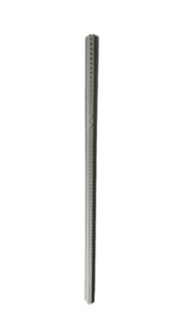 A silver metal Sign Post with evenly spaced holes along its length, shown vertically on a plain white background.