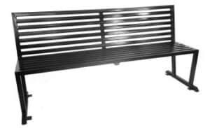 The 6' Standard Bench Steel features a black metal design with horizontal slats and simple metal legs at each end.