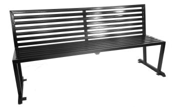 The 6' Standard Bench Steel features a black metal design with horizontal slats and simple metal legs at each end.