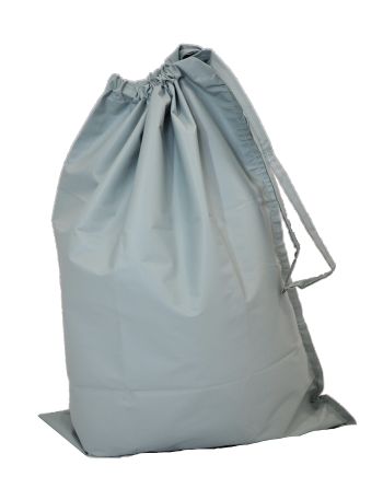 The Staphchek Laundry Bag 17.5"L x 33.5"W is a large, light gray fabric bag with a drawstring top, shown upright and partially closed.