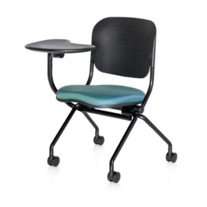 Navigator Tablet chair with black frame, green seat cushion, and right-side attached poly writing arm.