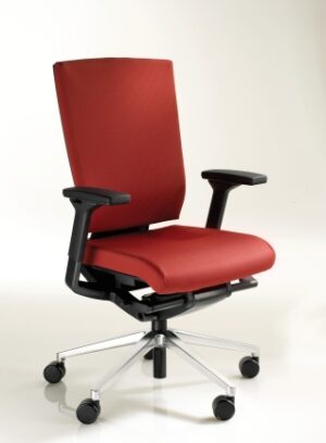 The ALT 3 Task is a red ergonomic office chair with black armrests and a chrome wheeled base, set against a plain light background.