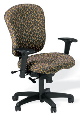 Ithaca Task Chair features a patterned fabric seat and back, black adjustable armrests, and a black wheeled base.