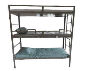 The 12-Gauge Steel Triple Bunk Bed Frame features three bunks with mattresses; the middle bunk has a pillow and rail tag.